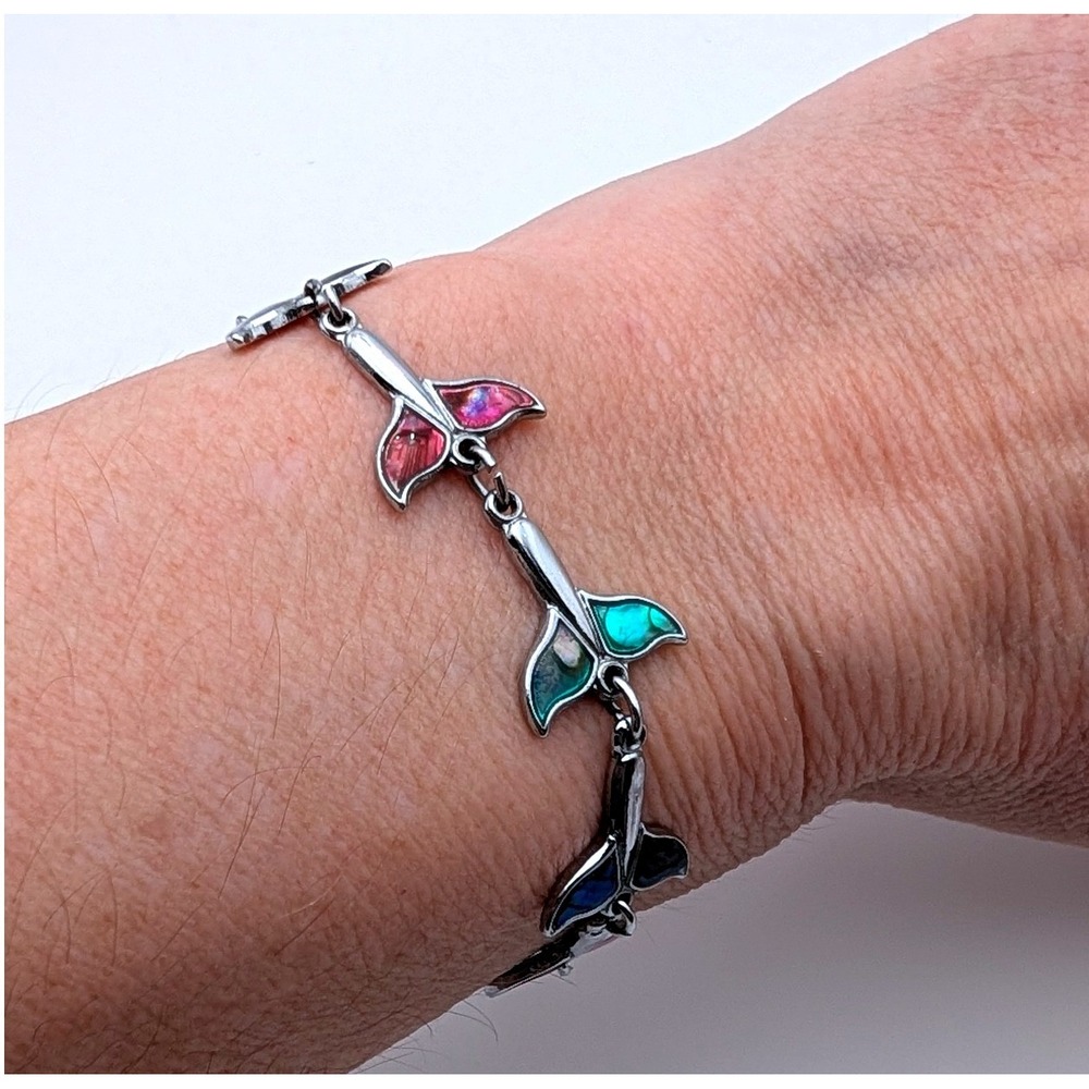Multi Color Whale Tail Link Bracelet Silver Tone Nautical Enamel Ocean Fluke
